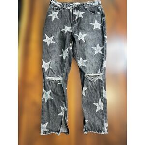 Oneteaspoon Star Print Distressed Ripped Knee‎ Zipper Hem Jeans Womens Denim